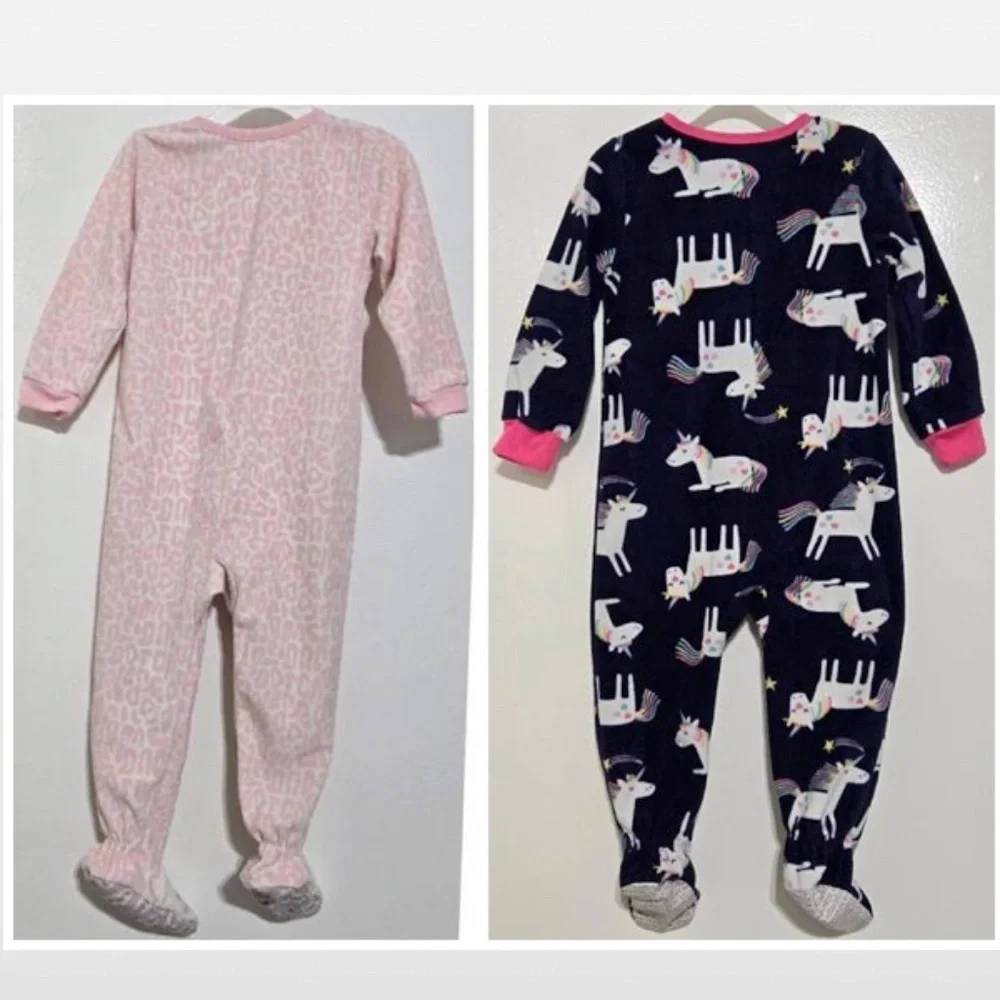2 Footed Fleece Pajamas Girls 2T Animal Print Pink Leopard Cat & Blue Unicorn